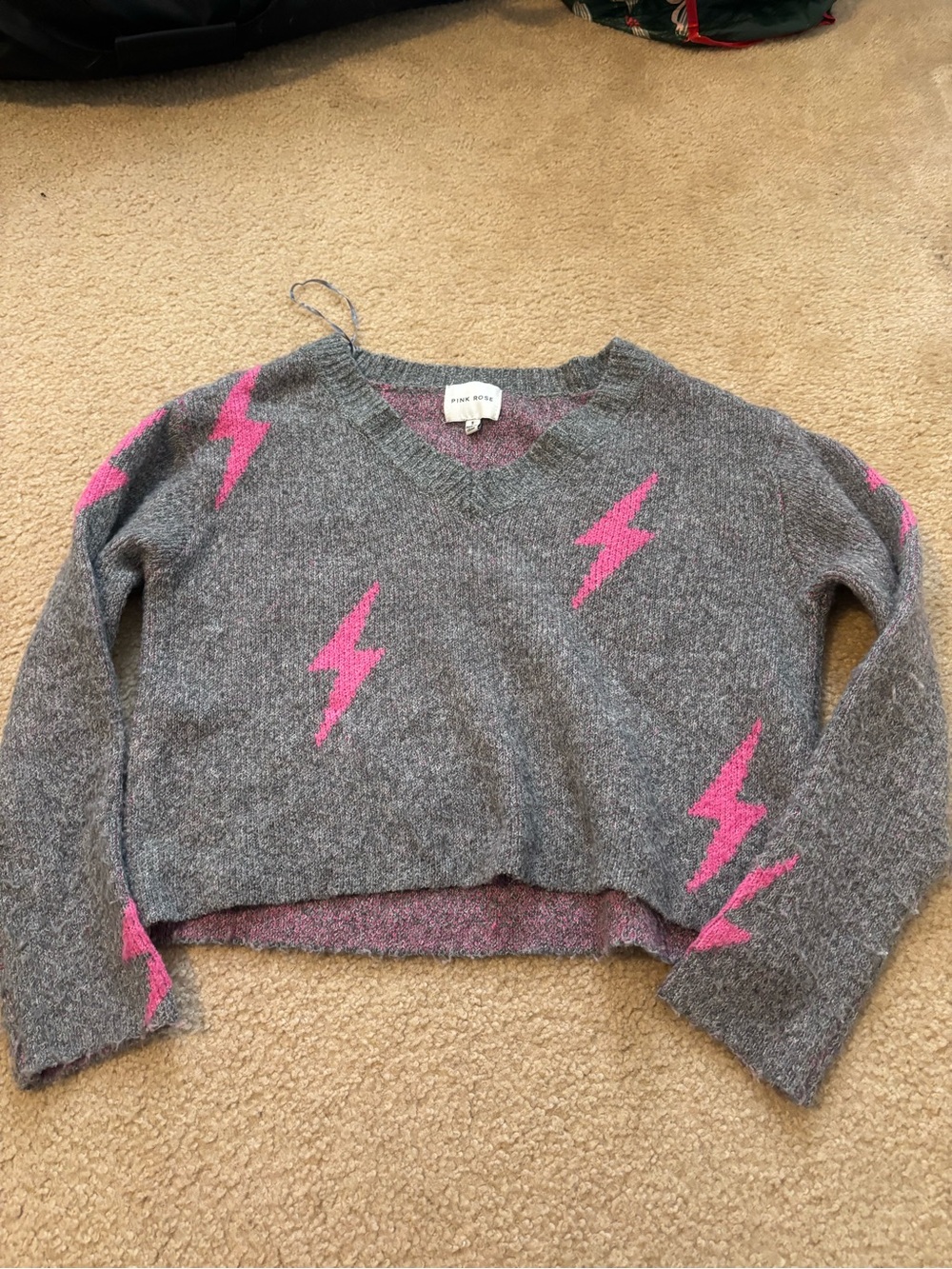 Pink Rose Gray V-Neck Sweater with Pink Lightning Motifs